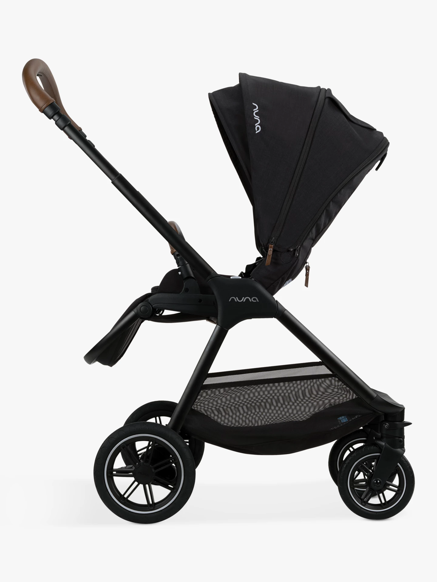 A black stroller with a wooden handle