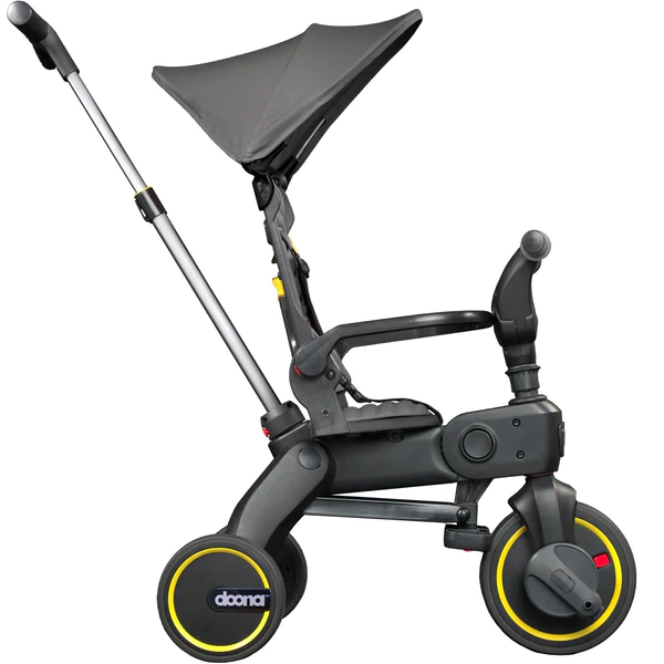 A stroller with a black seat and yellow wheels