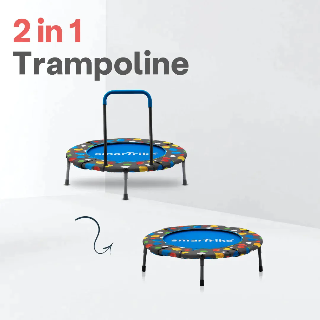 A blue trampoline with a blue handle and a blue trampoline with