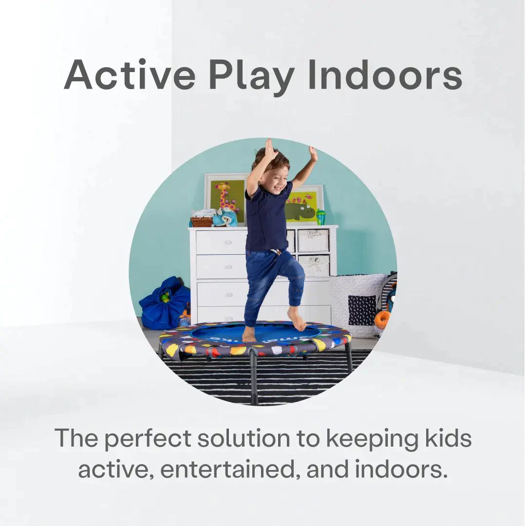 A child jumping on a bed with the caption active play indoors