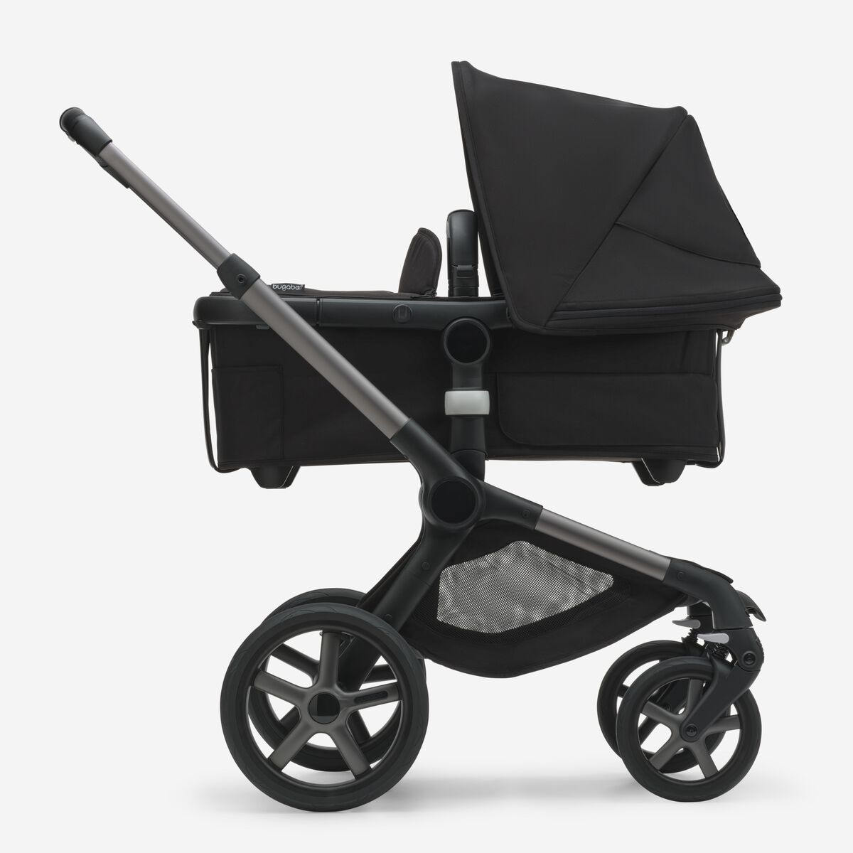 A black stroller with a black seat.