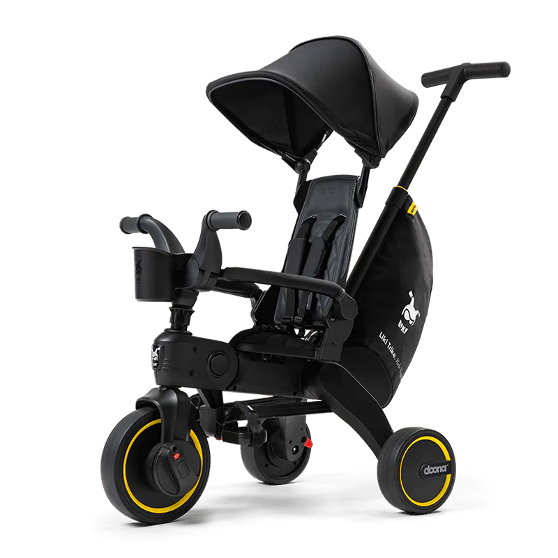 A black stroller with yellow wheels
