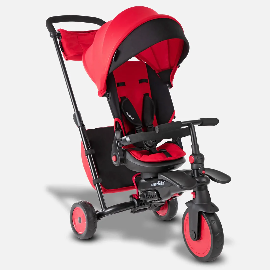 A red and black stroller with wheels
