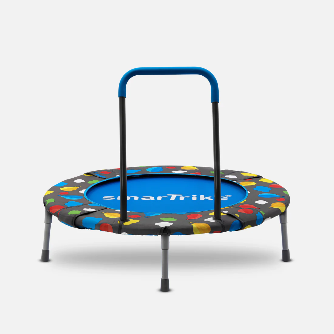 A small blue trampoline with a handle on a white background