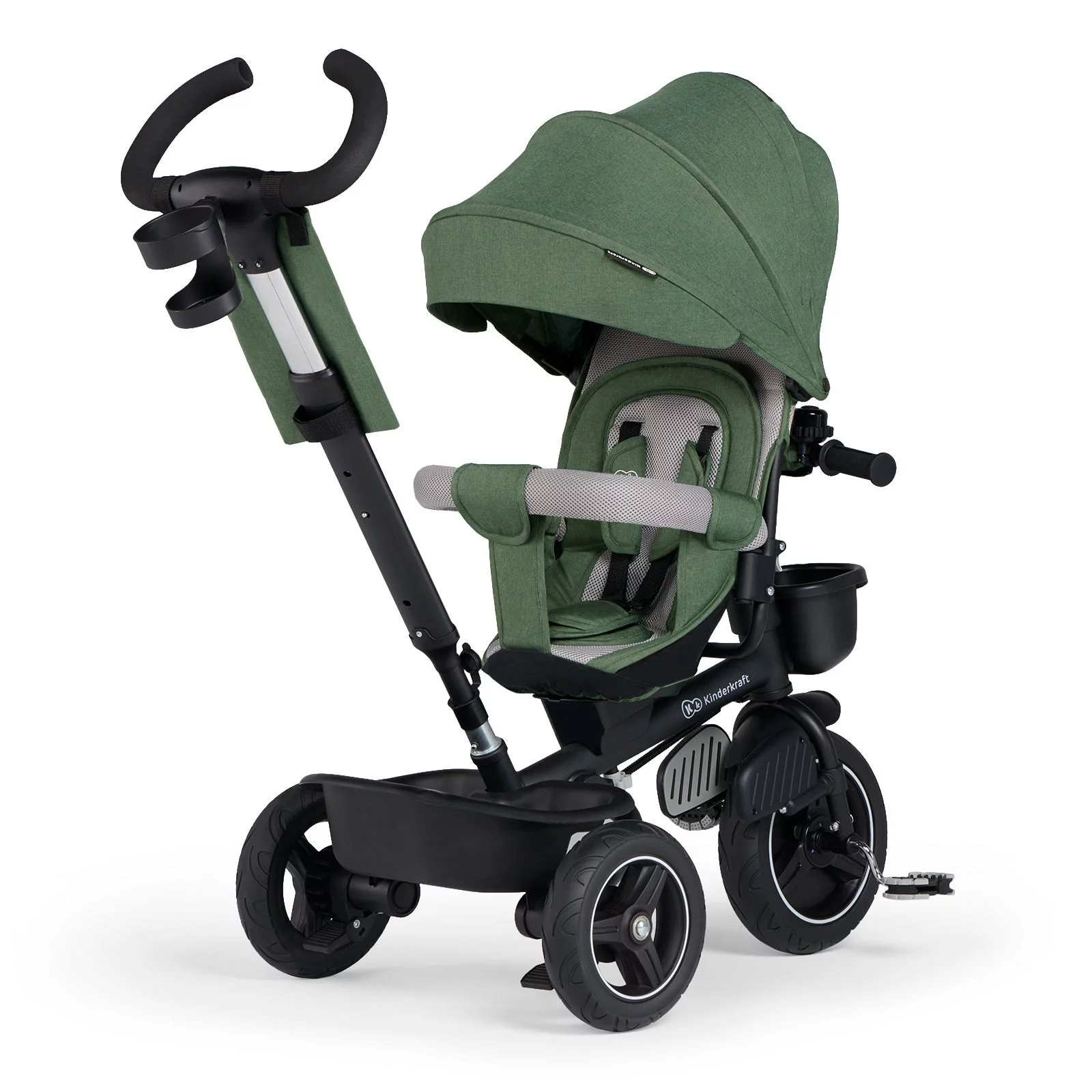 A green Spinstep stroller with a black handlebar