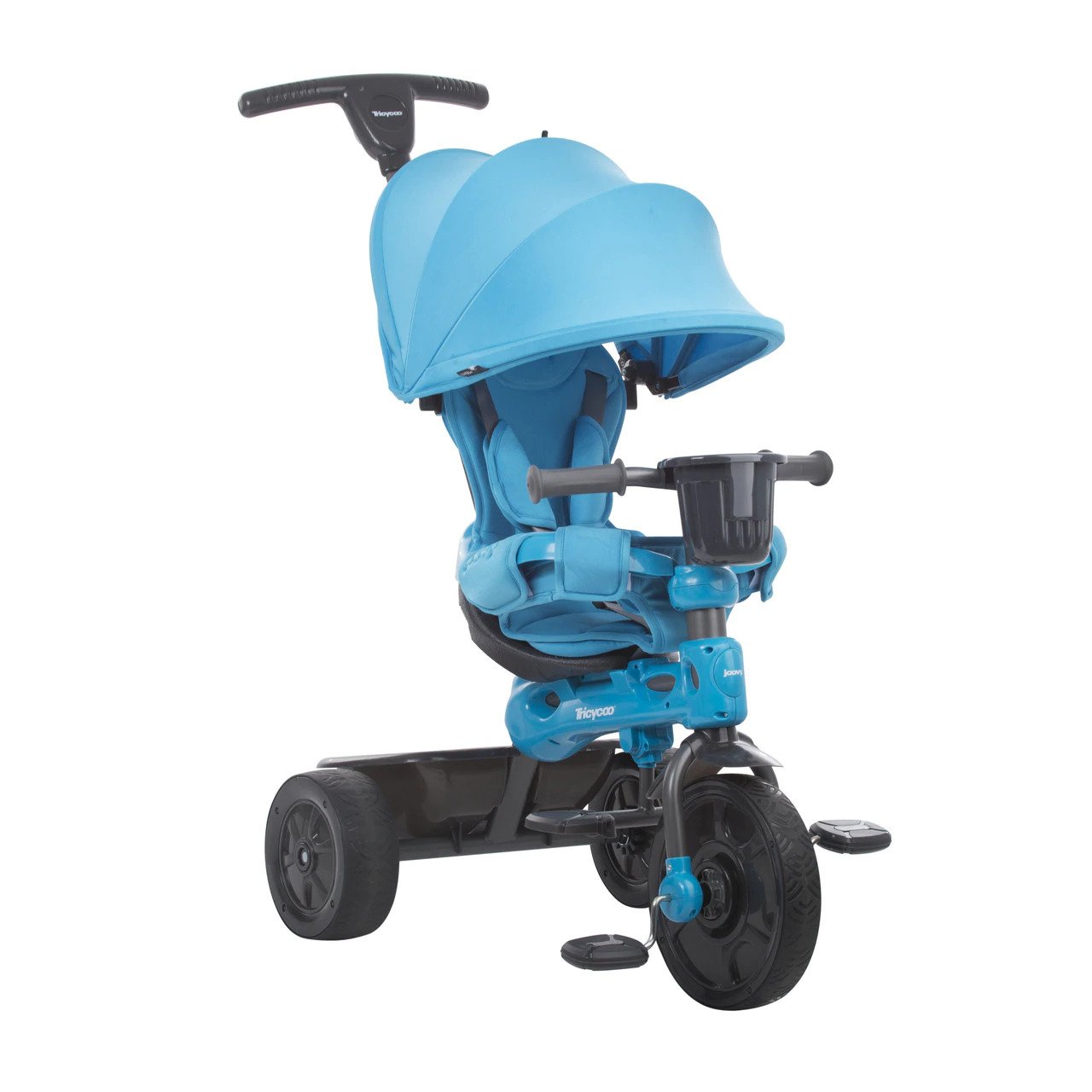 A blue stroller with a blue canopy