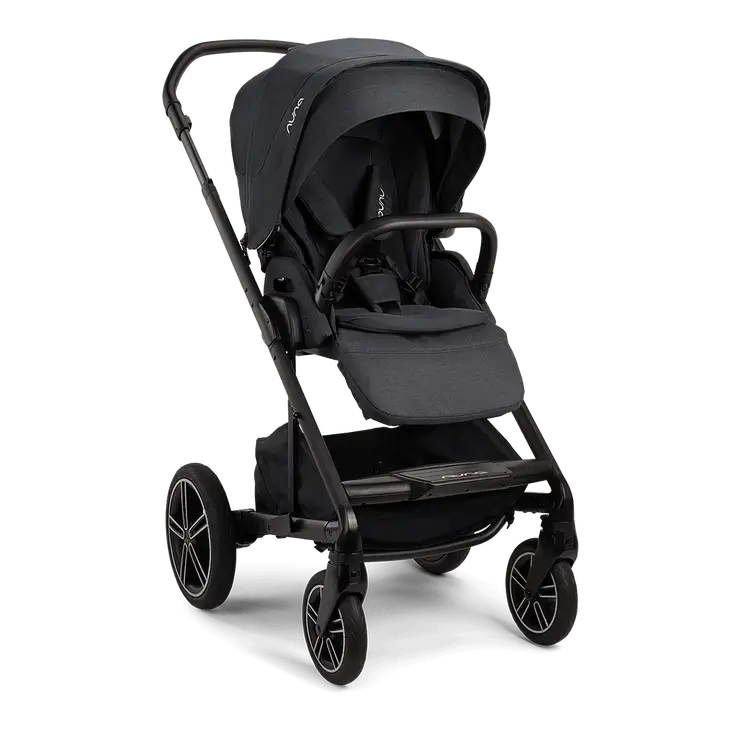 A stroller with a black seat and wheels.