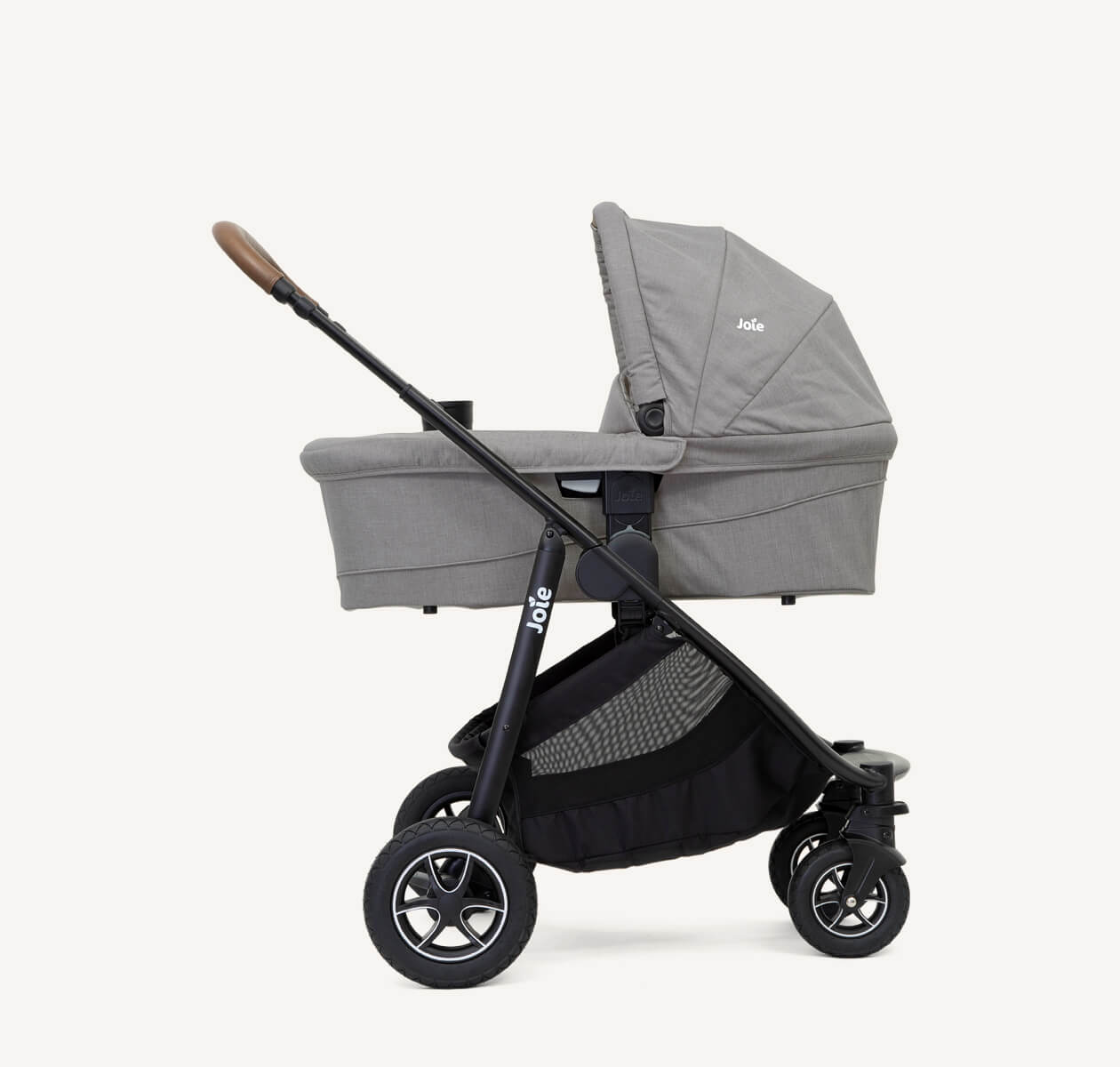 A grey stroller with a wooden handle.