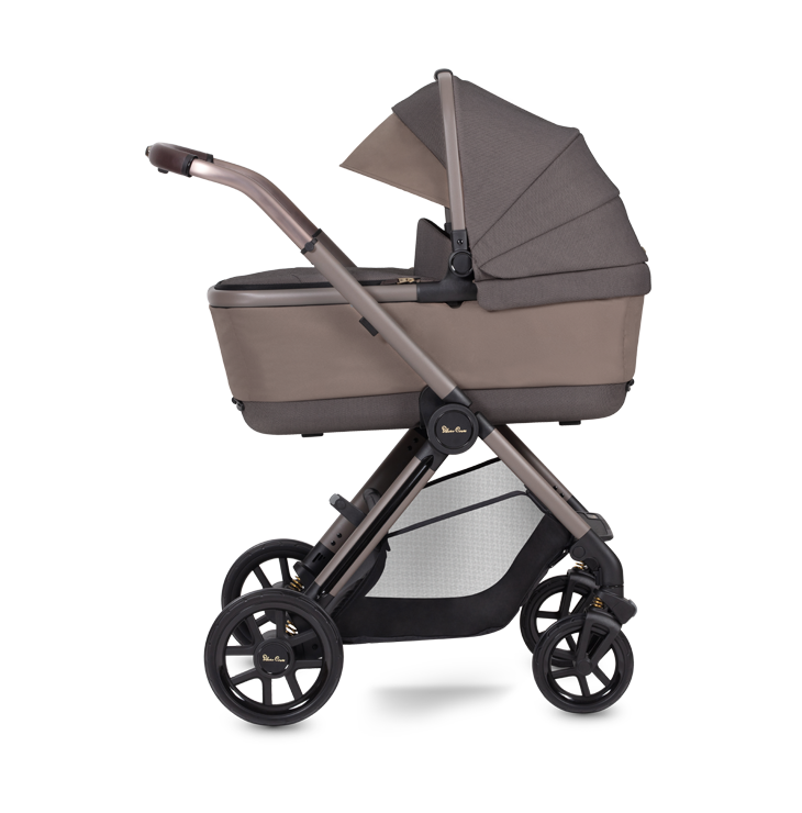A baby stroller with a grey seat