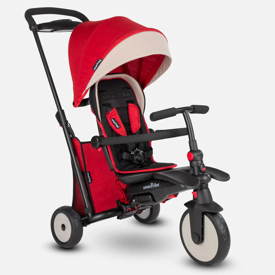 a red stroller with a red hat on top of it