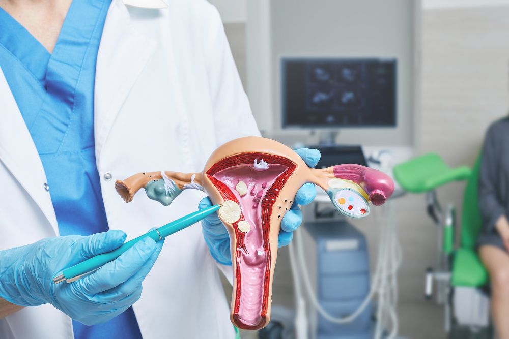 a person in a dentist's office holding a model of a utensil