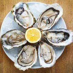 a plate of oysters on a wooden table