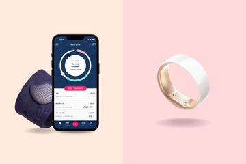 left - tempdrop sensor and mobile app on iPhone right - femometer ring