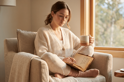 Woman near a sunlit window with a warm mug and fertility journal, exploring luteal phase support and progesterone timing for TTC.