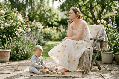 baby at her feet, thinking about when to conceive her next baby