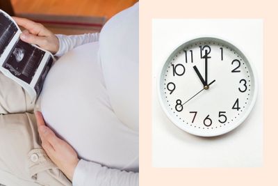 a pregnant woman holding an ultrasound contrasted with and a clock
