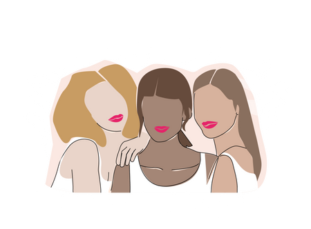 three women with pink lips are standing together