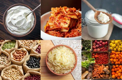 a collage of different foods and a spoon