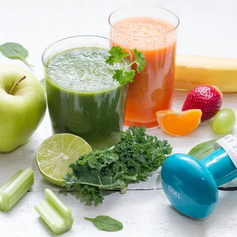 a variety of fruits, vegetables, and juices on a table