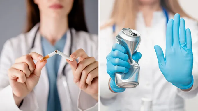 a woman in a white coat and blue gloves holding a cigarette and a can of