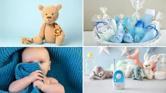 a collage of photos with a teddy bear and baby items