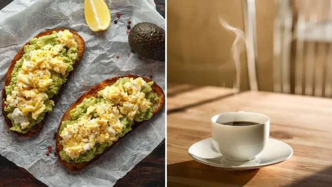 a cup of coffee next to a toast with eggs and avocado on it