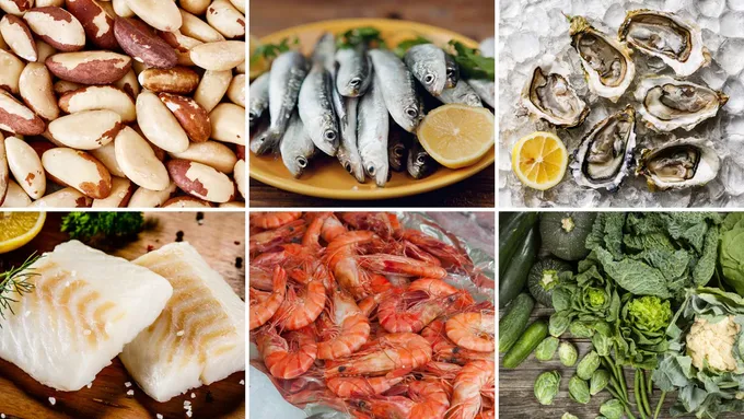 a collage of different foods including fish, broccoli, spinach,