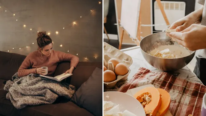 a woman sitting on a couch next to a bowl of food