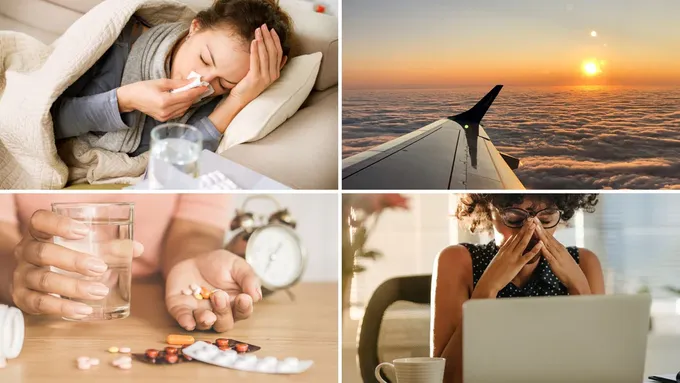 a collage of photos of woman in bed sick, a plane wing, a woman taking medicine, and a woman on her laptop