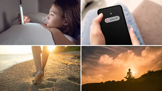 A collage of someone on their phone, a phone, a person walking on the beach, and a person meditating