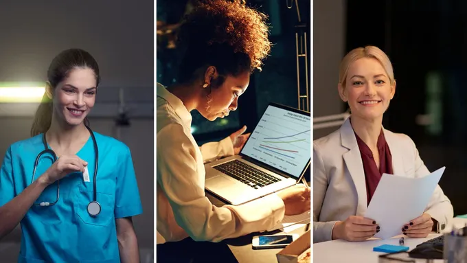 a series of photos of a woman in scrubs and a woman in scrubs