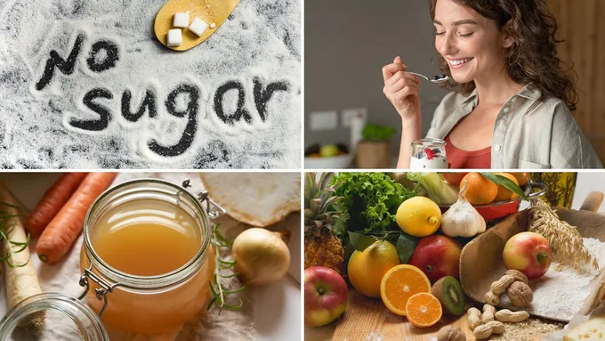 a collage of photos with "no sugar", a woman holding a spoon, a jar of honey, and various fruits