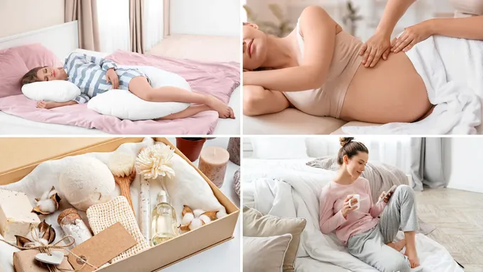 a collage of photos of a woman laying on a bed