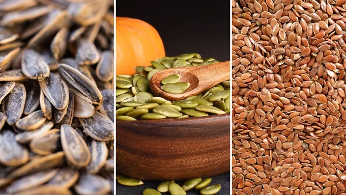 three different pictures of pumpkin seeds and pumpkins