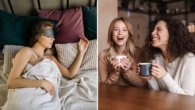 two photos of a woman in bed and 2 women laughing while drinking coffee