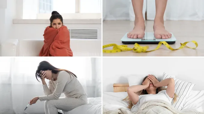 a woman sitting on a bed and a woman standing on a scale