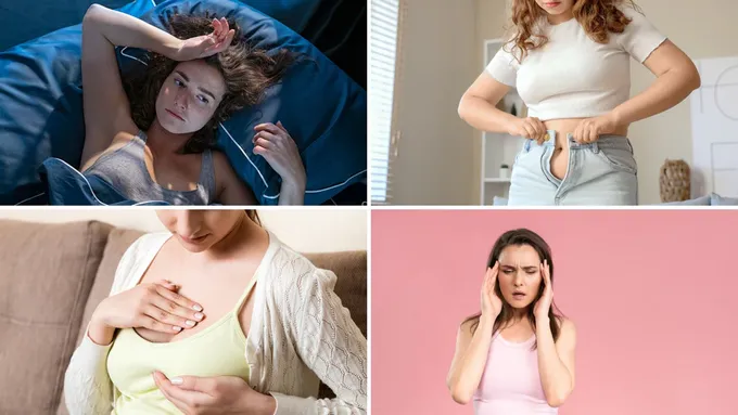 a series of four photos of women in different poses