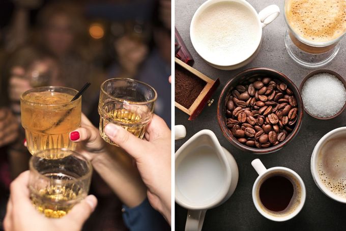 a group of people toasting and drinking coffee