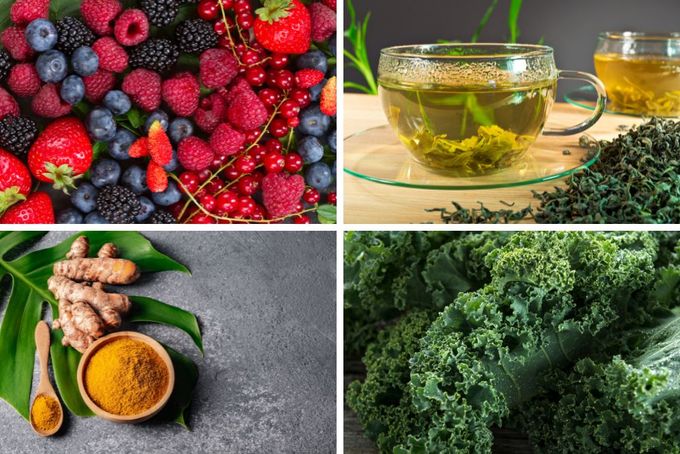 a collage of different foods and drinks