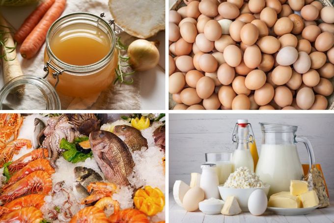 a collage of different foods including eggs, fish, and cheese