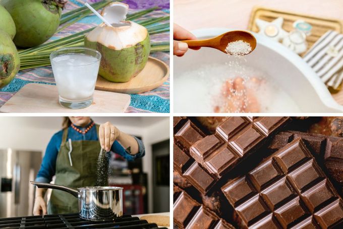 a collage of photos with a woman pouring milk