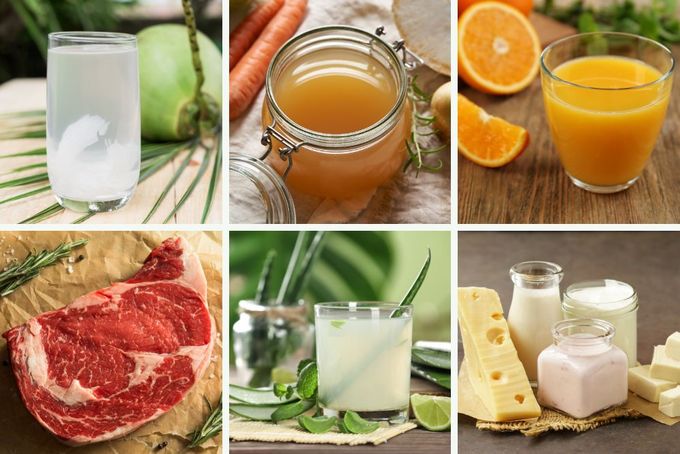 a collage of different foods and drinks