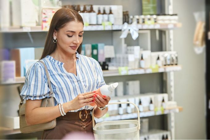 a woman standing in a store looking at a bottle
