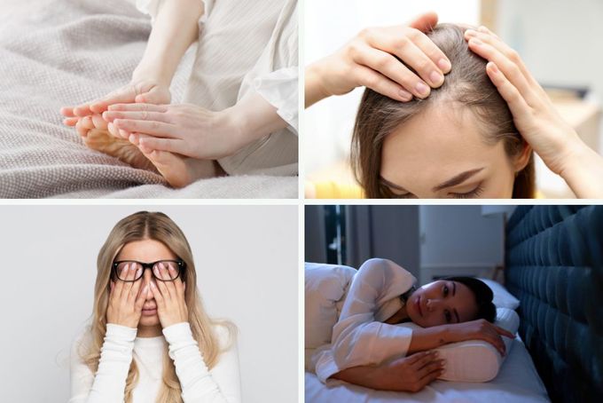 a collage of four pictures of a woman with her hands on her head