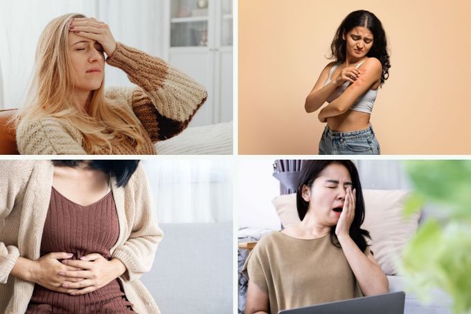 a collage of photos of a woman with stomach pain