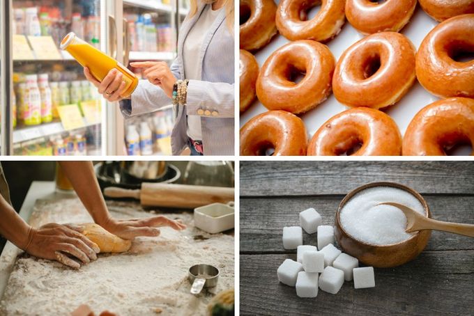 a collage of photos with doughnuts, sugar, sugar cubes,