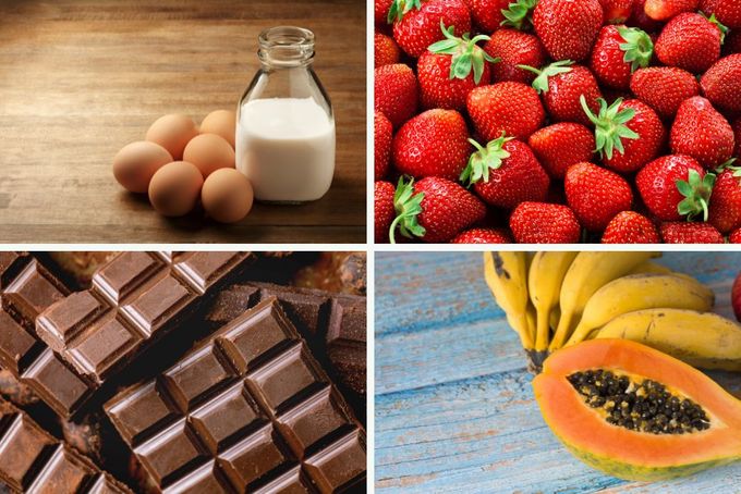 a collage of different foods including chocolate, strawberries, bananas, and milk