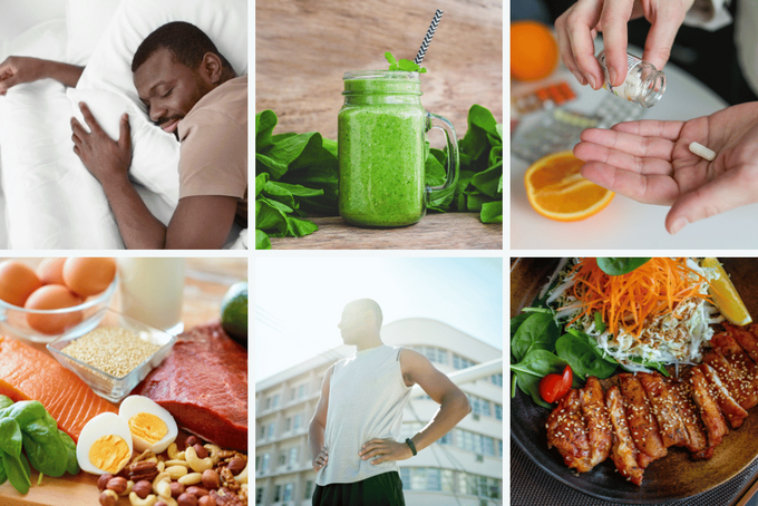 a collage of photos with food and a person
