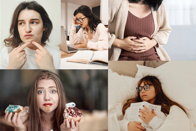 A collage of PMS symptoms, including acne flareups, bloating, withdrawal, irritation and food cravings