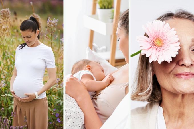 a woman holding a baby and a woman holding a flower